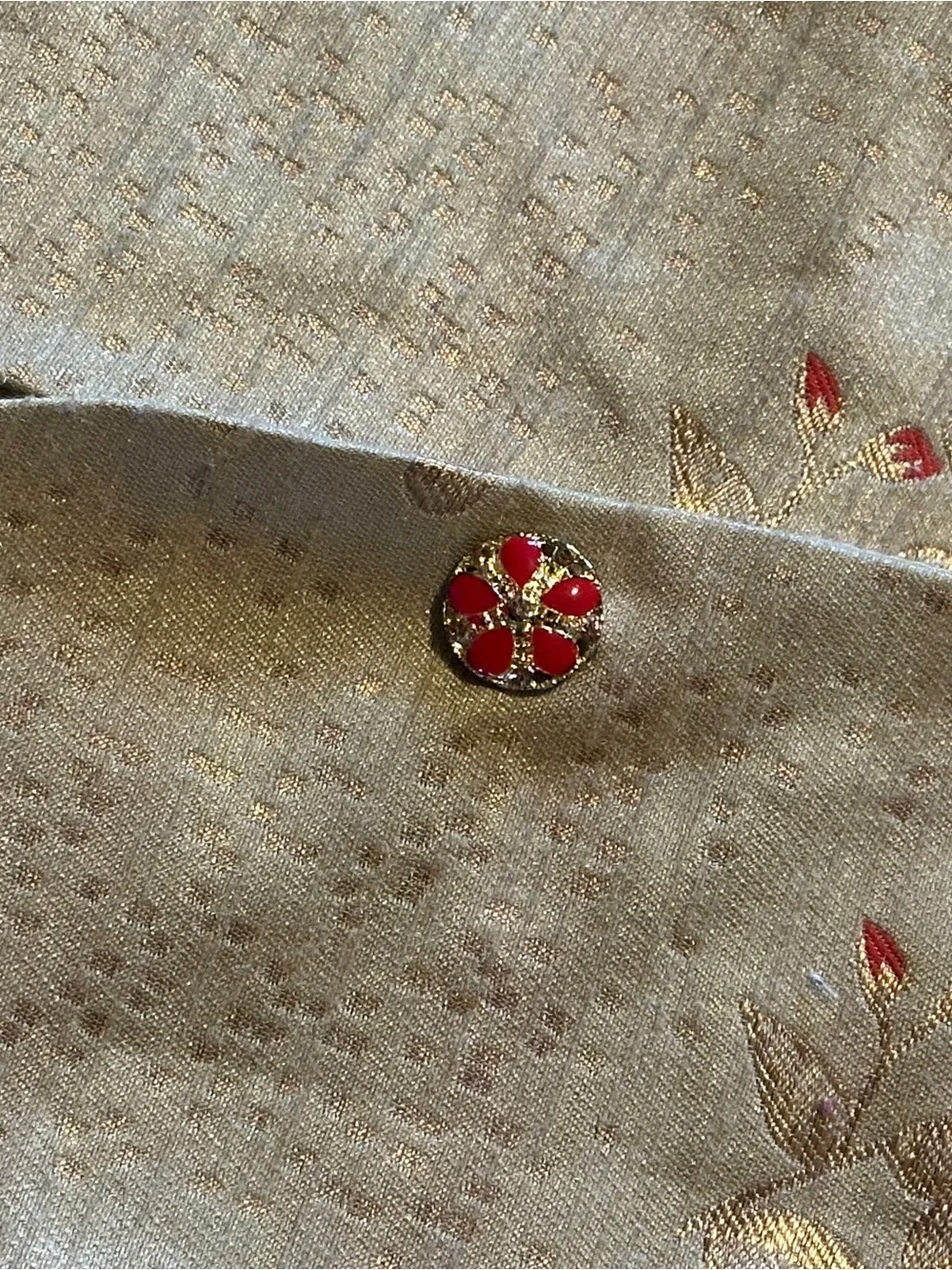 Embroidered Gold-Tone Brocade Jacket with Red Accents
